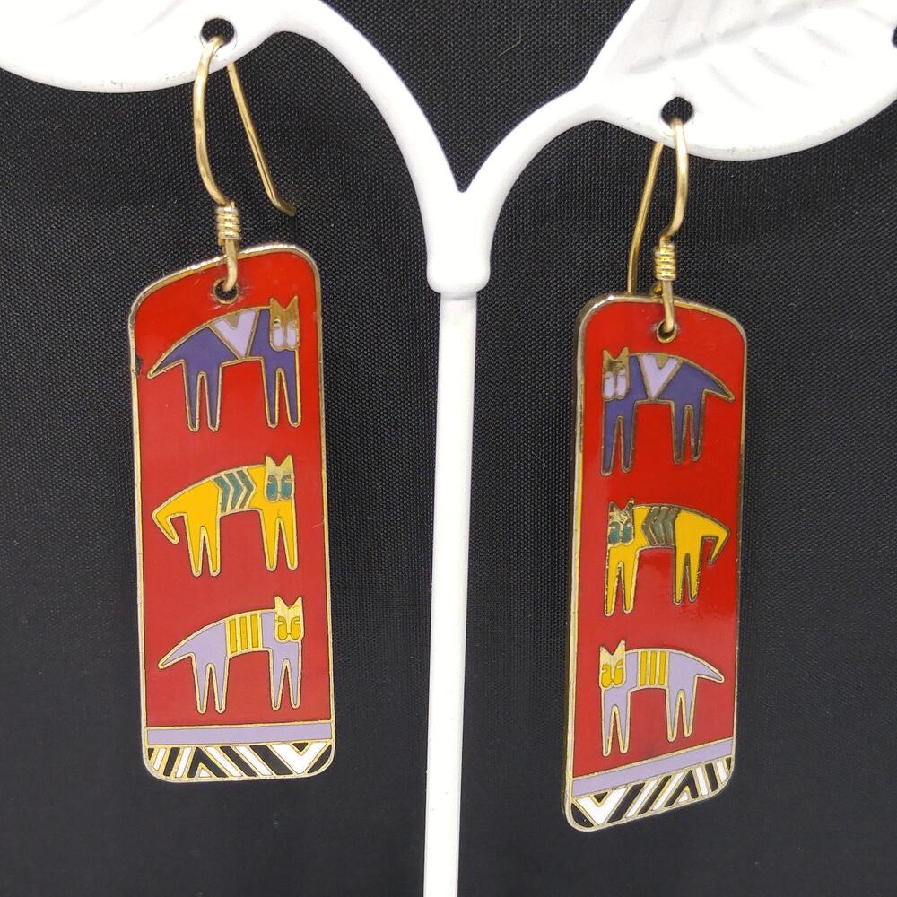 Laurel Burch "Hieroglyphic" Cats Earrings, Cloisonne Red Enamel Gold Plated